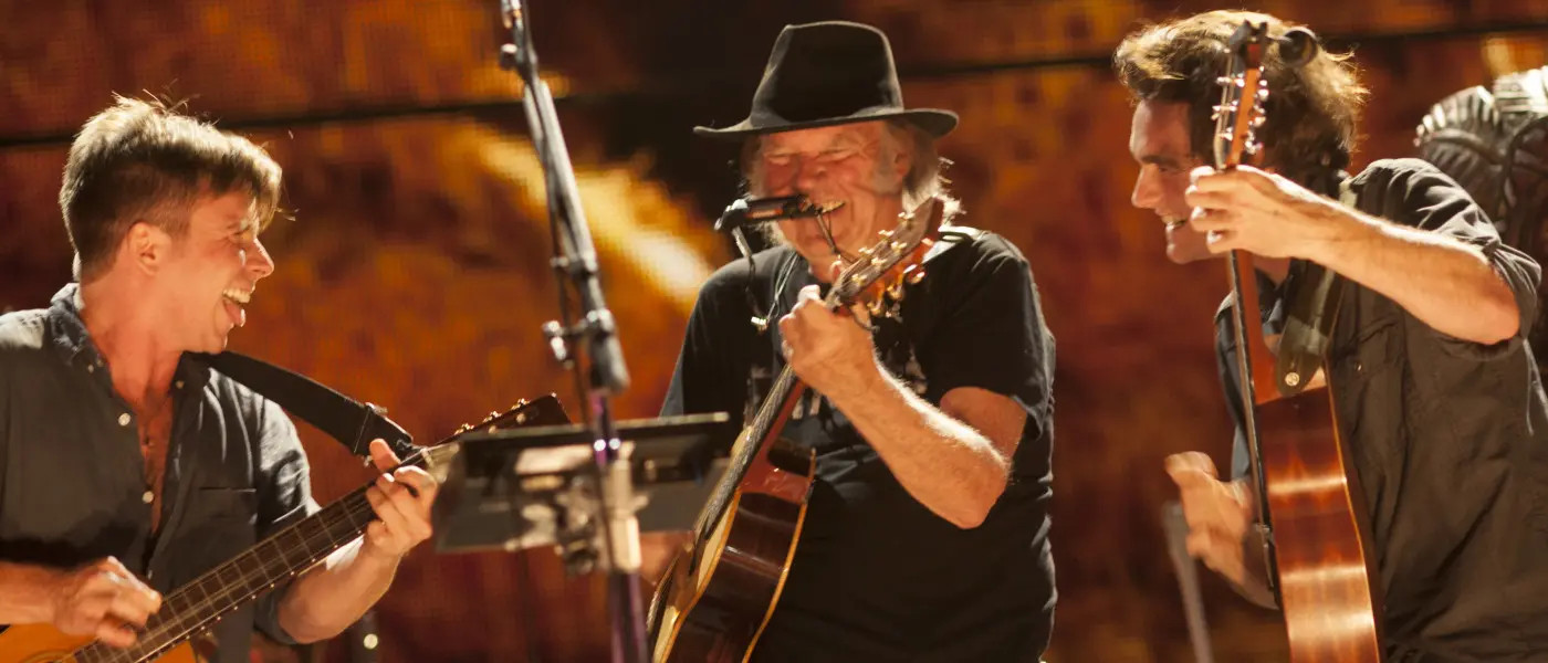 Neil Young & Lukas Nelson & Micah Nelson at Farm Aid 2014