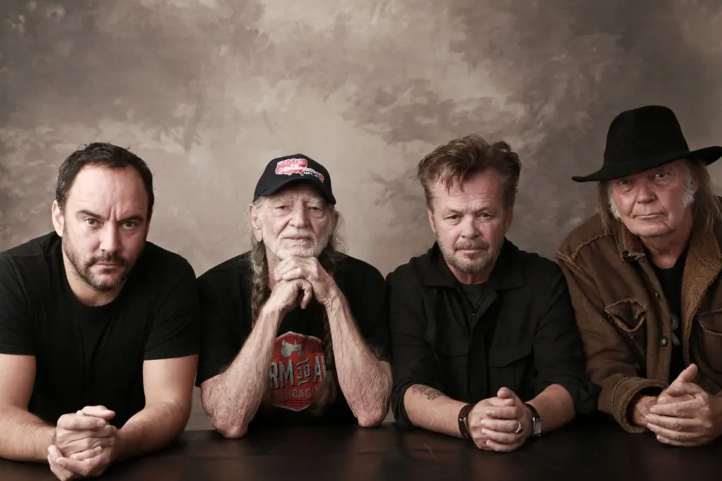 farm aid - 2015 board artist photo - willie nelson, neil young, john mellencamp, dave matthews - by marc hauser