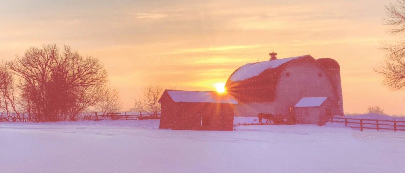 snowy barn at sunset