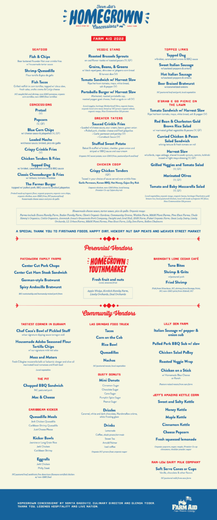 Farm Aid 2022 HOMEGROWN Concessions Menu