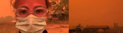 Farmer Kendra Kimbirauskas wearing a mask during a wildfire on her Oregon farm