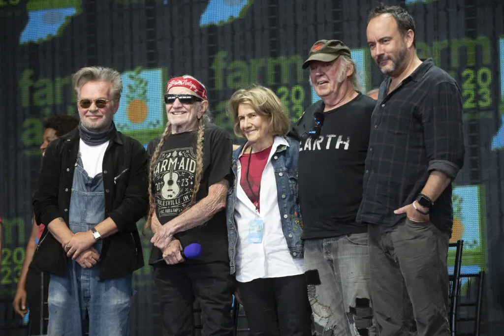 John Mellencamp, Willie Nelson, Carolyn Mugar (Farm Aid's Executive Director), Neil Young and Dave Matthews at Farm Aid 2023.