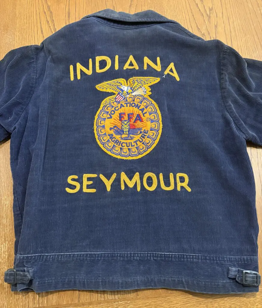 Jean jacket with FFA symbol and INDIANA SEYMOUR written on it