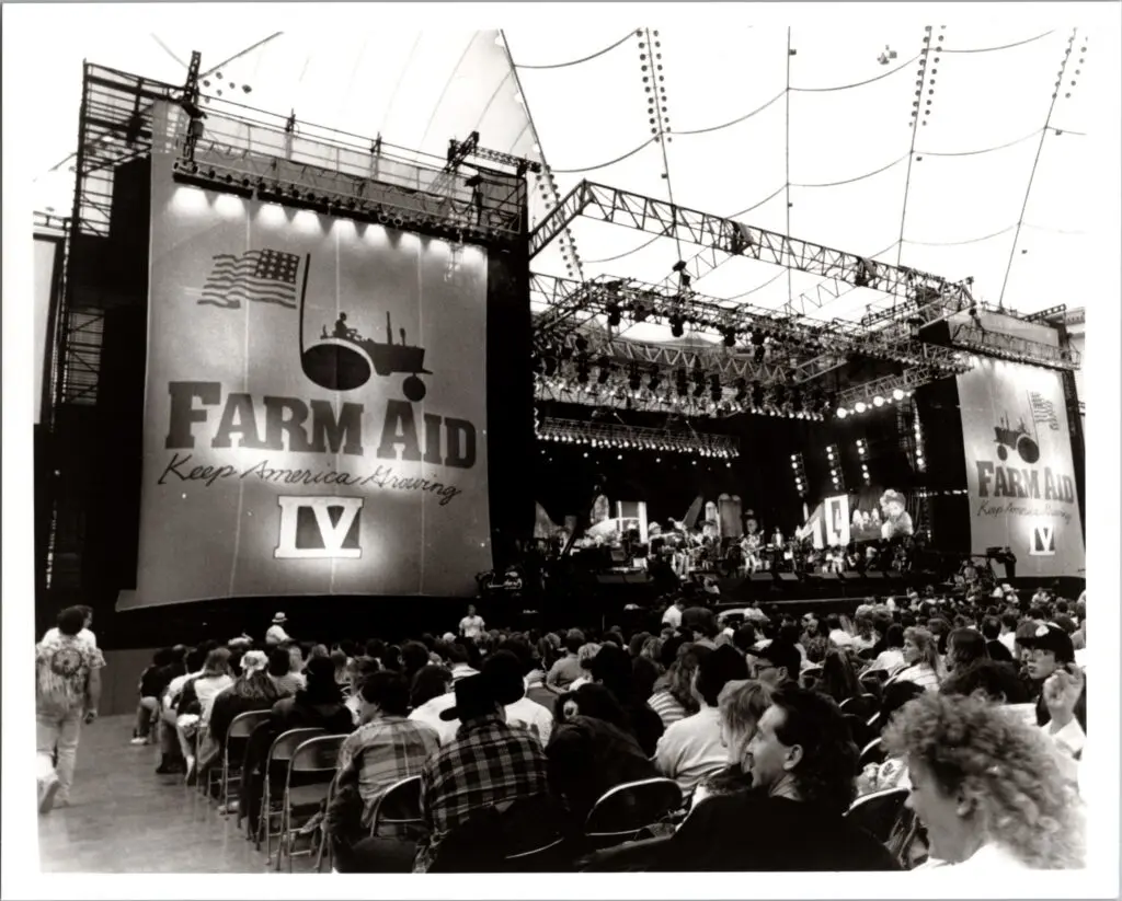 black and white photo of Farm Aid IV stage