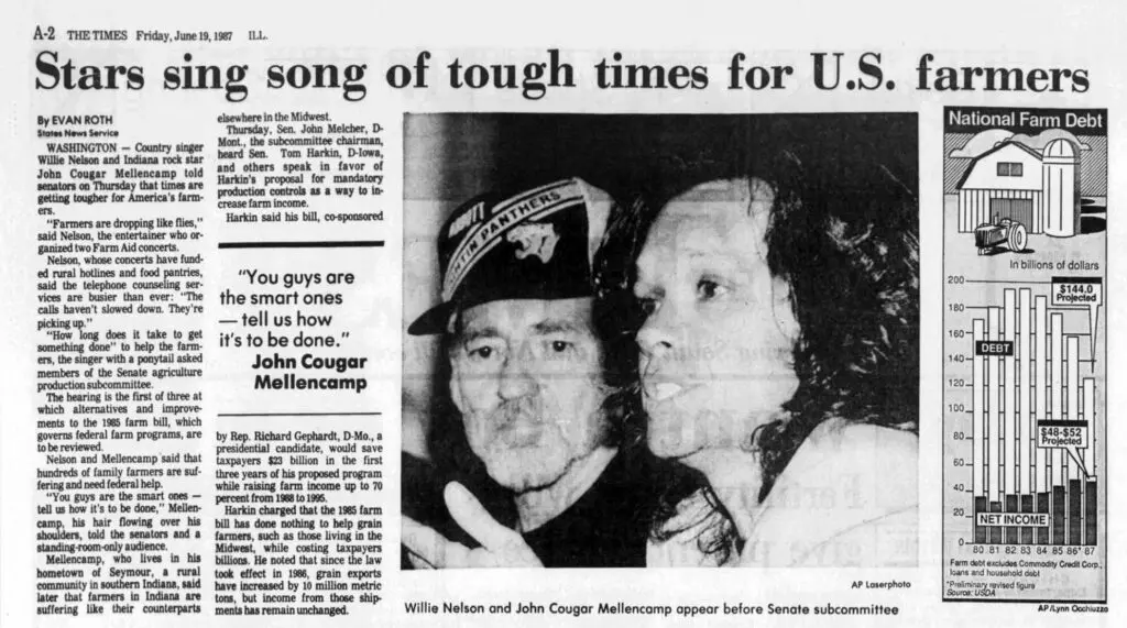 scan of "Stars Sing Song of Tough Times for Farmers," The Hammond Times (Indiana), June 19, 1987