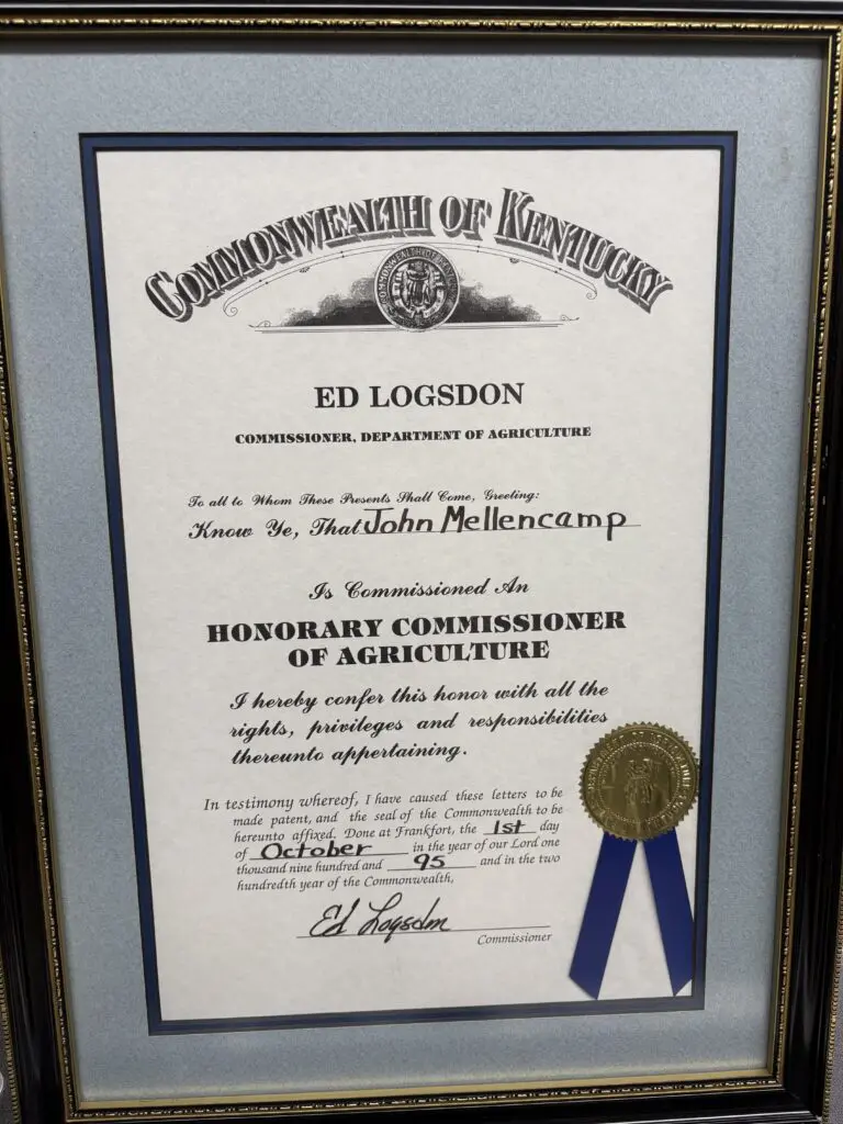 certificate naming John Mellencamp Honorary Commissioner of Agriculture in Kentucky