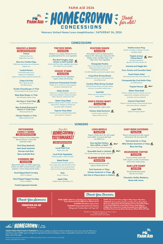 Farm Aid 2026 HOMEGROWN Concessions Menu