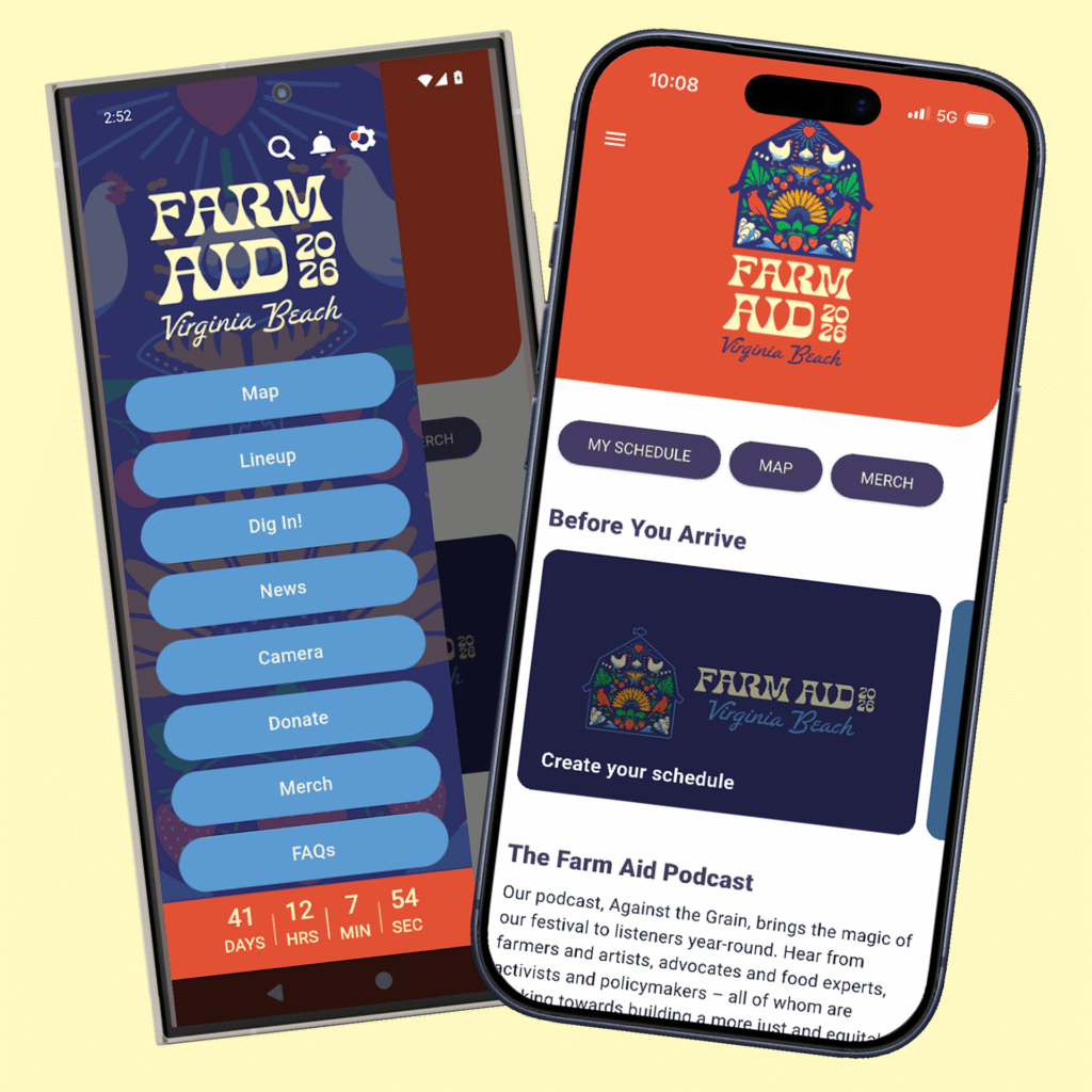 Farm Aid 2026 screenshots on iPhone and Android phones