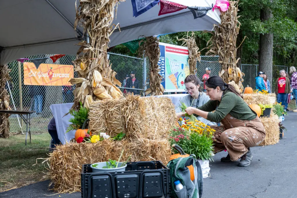 Setting up hay bales and pumpkins to decorate the venue