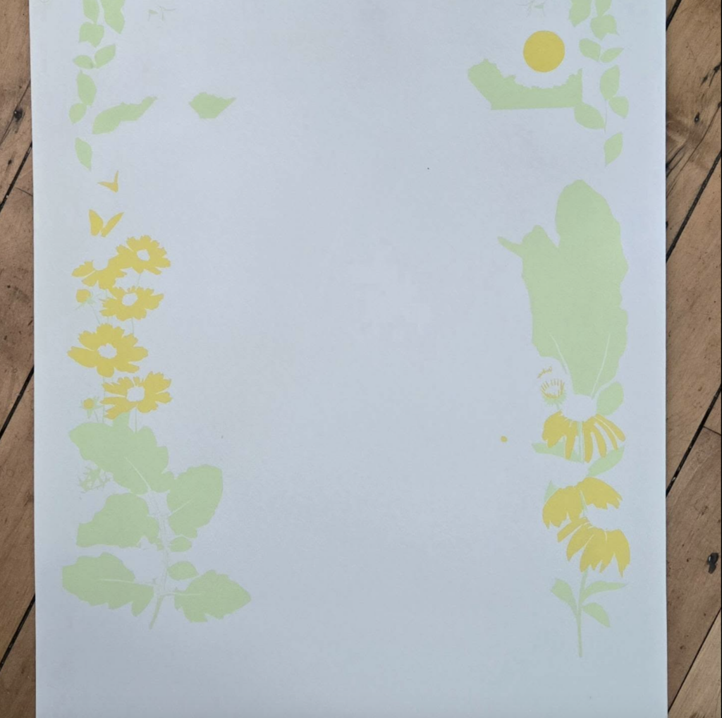 Second step of screen print, added light green to yellow layers