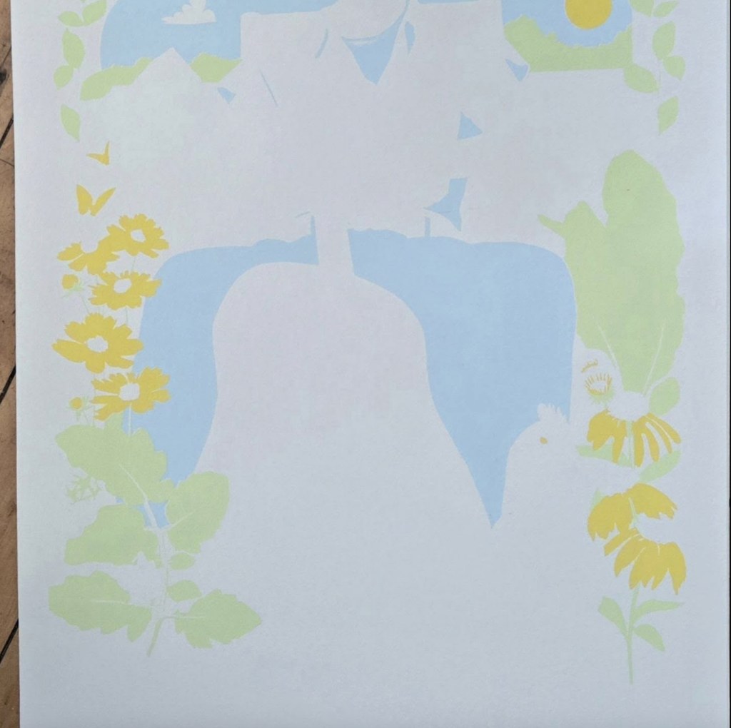 Third step of screen print, added light blue to light green and yellow layers