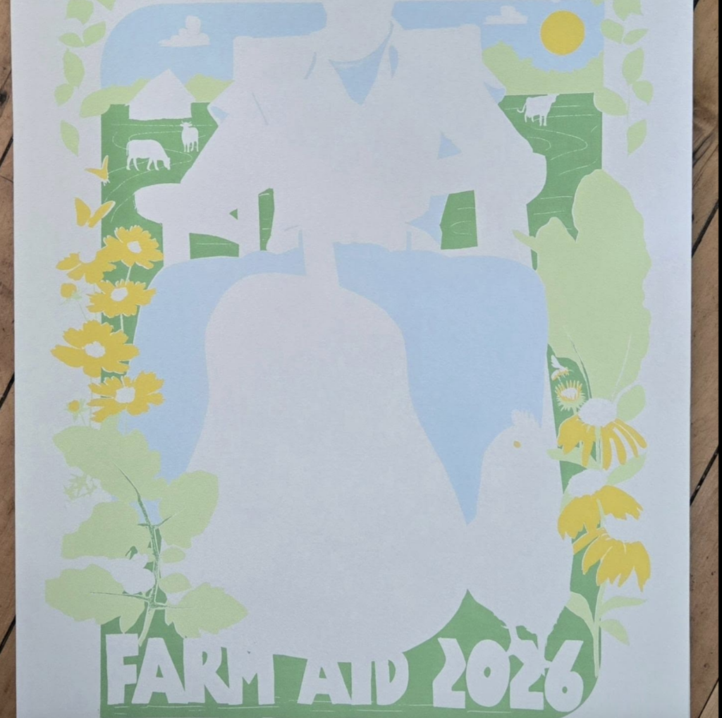 Fourth step of screen print, added darker green to light green, yellow and light blue layers