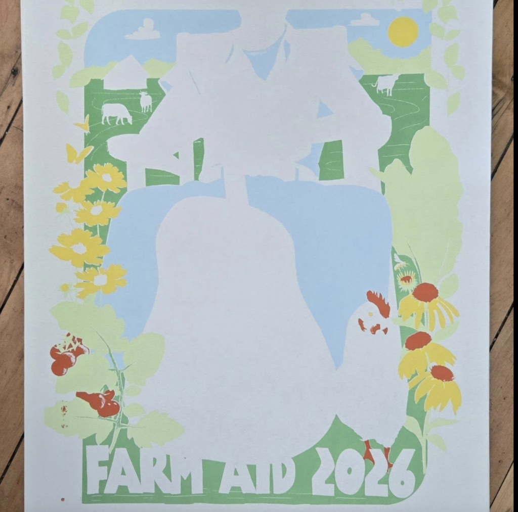 Fifth step of screen print, added red to light green, yellow, light blue and green layers