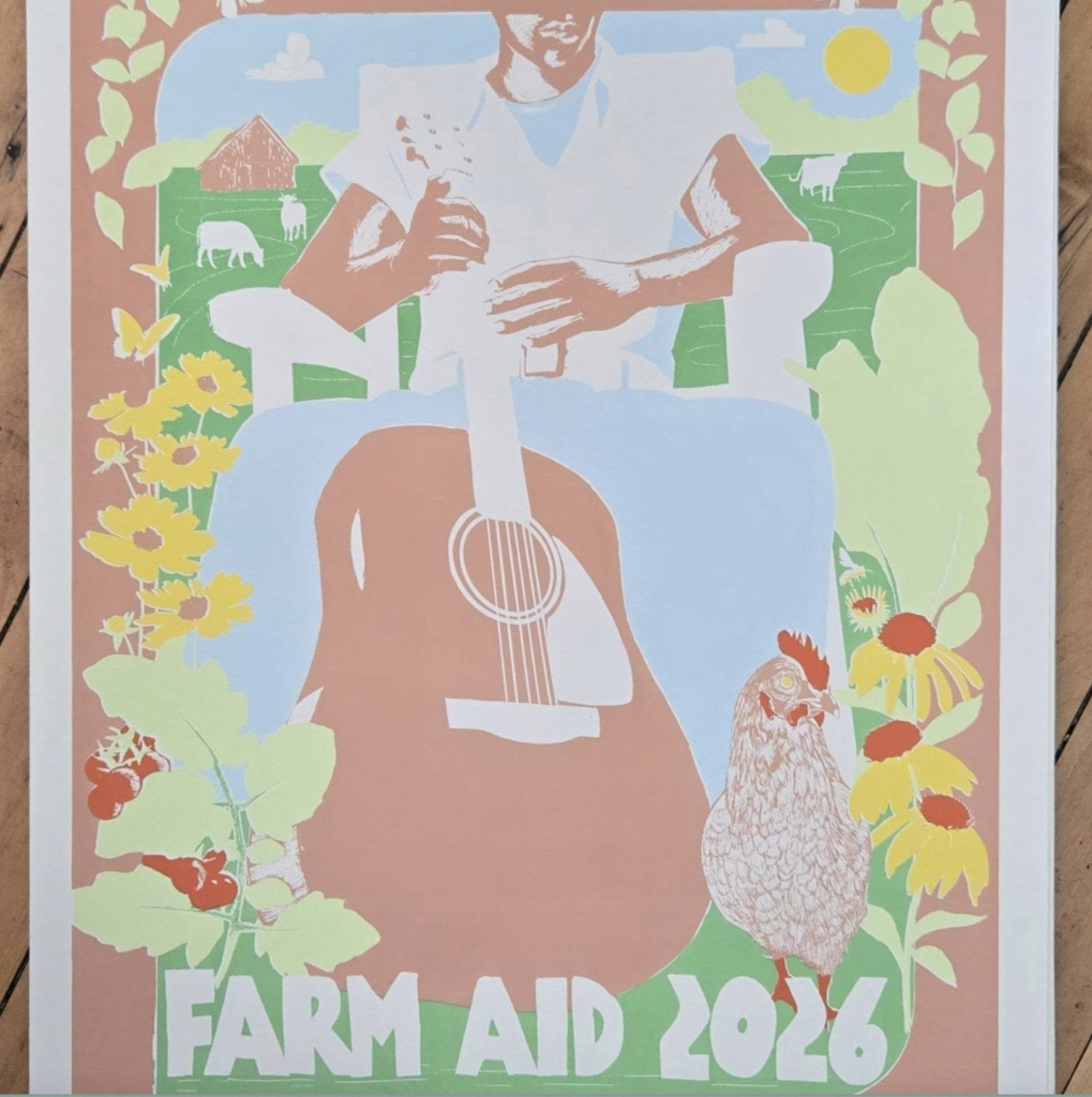 Sixth step of screen print, added tan to red, light green, yellow, light blue and green layers
