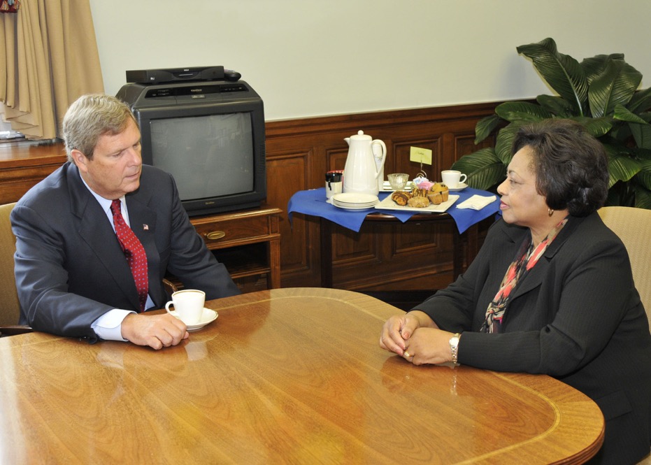 Agriculture Secretary Tom Vilsack meets with Shirley Sherrod in his office at the U.S. Department of Agriculture in Washington, DC, on Tuesday, August 24, 2010. USDA Photo by Bob Nichols