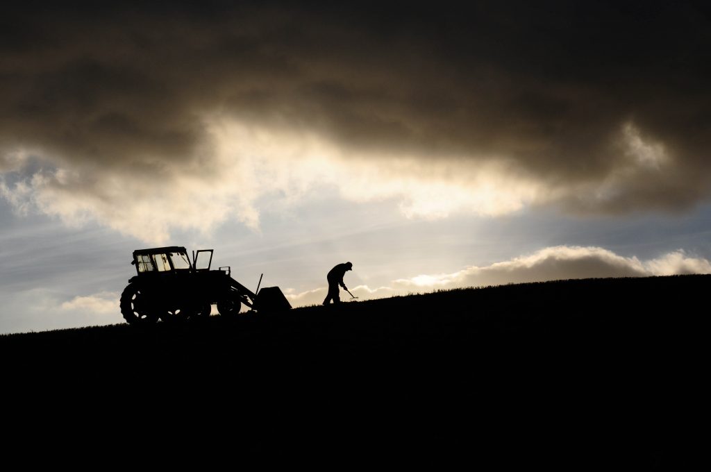 farmer in field with tractor in shadow