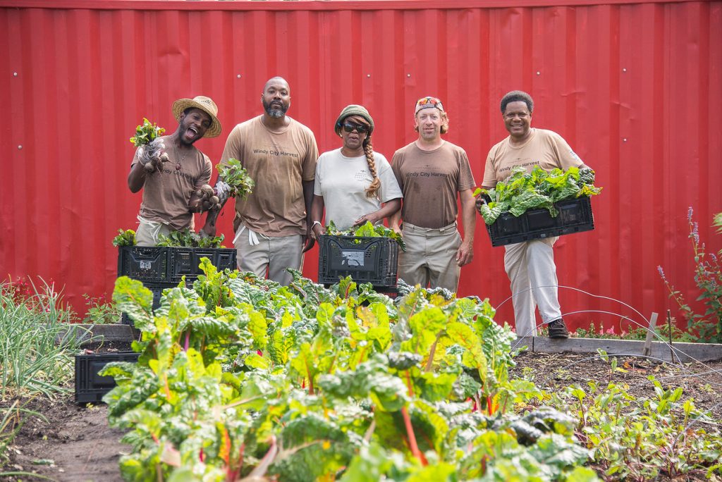 Sandra McCloud (center) with Windy City Harvest Corps Crew at Windy City Harvest’s Rodeo farm. 