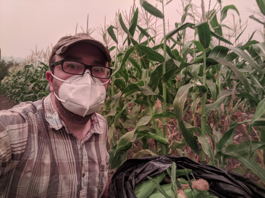 a man stands masked in front of corn