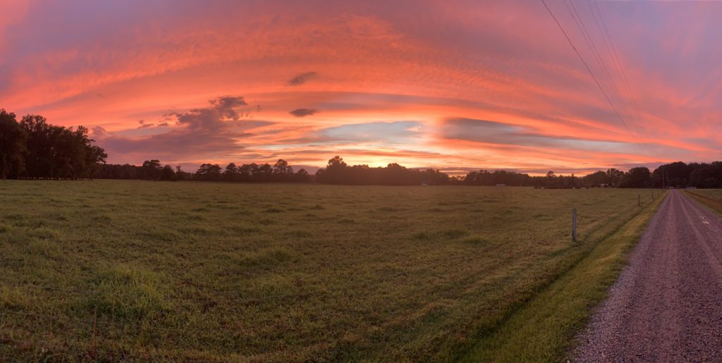 A vibrant sunset over crop fields