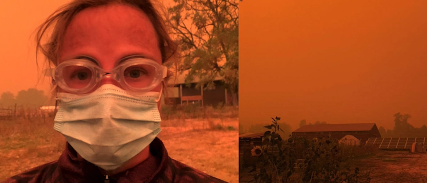 Farmer Kendra Kimbirauskas wearing a mask during a wildfire on her Oregon farm
