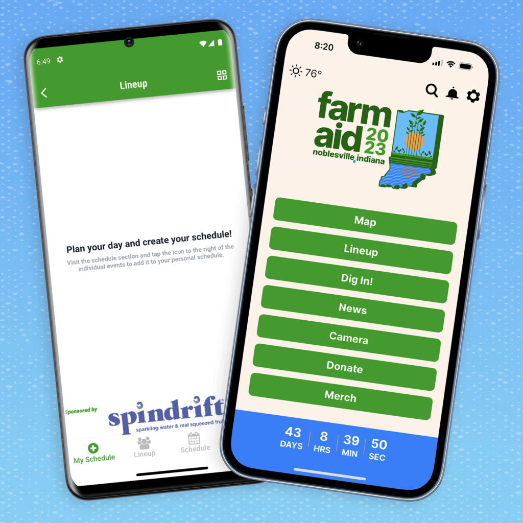Screenshots of Farm Aid 2023 app on iPhone and Android