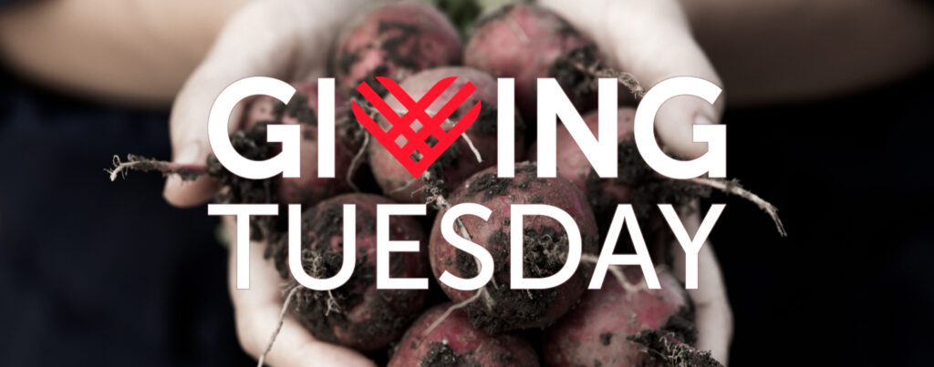 hands holding radishes with the GIVINGTUESDAY logo over the center