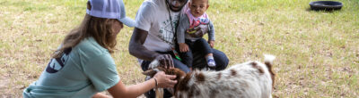 woman, man, and boy admiring a tiny goat