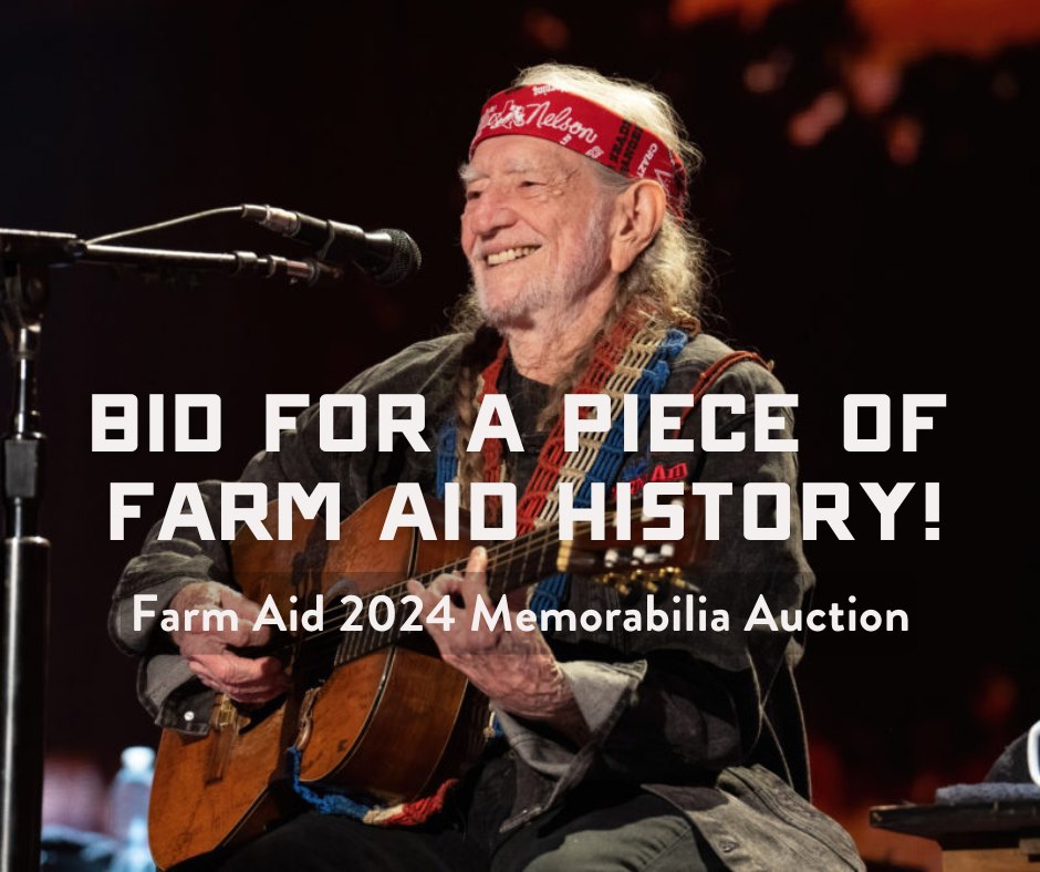 Willie Nelson with text, "BID FOR A PIECE OF FARM AID HISTORY"