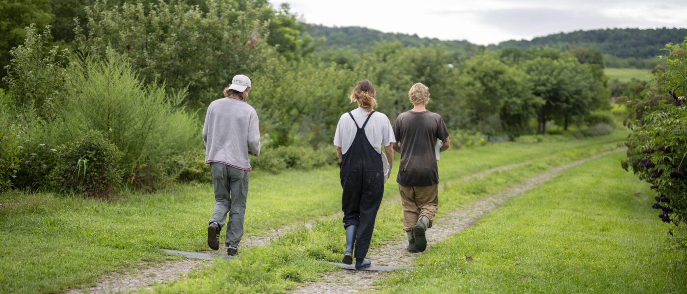 people walking down a farm path